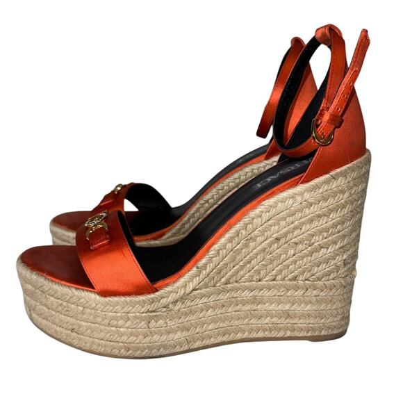 Versace Medusa Orange Coral Satin Espadrille Platform Wedge Sandals Size 41 - Picture 5 of 16